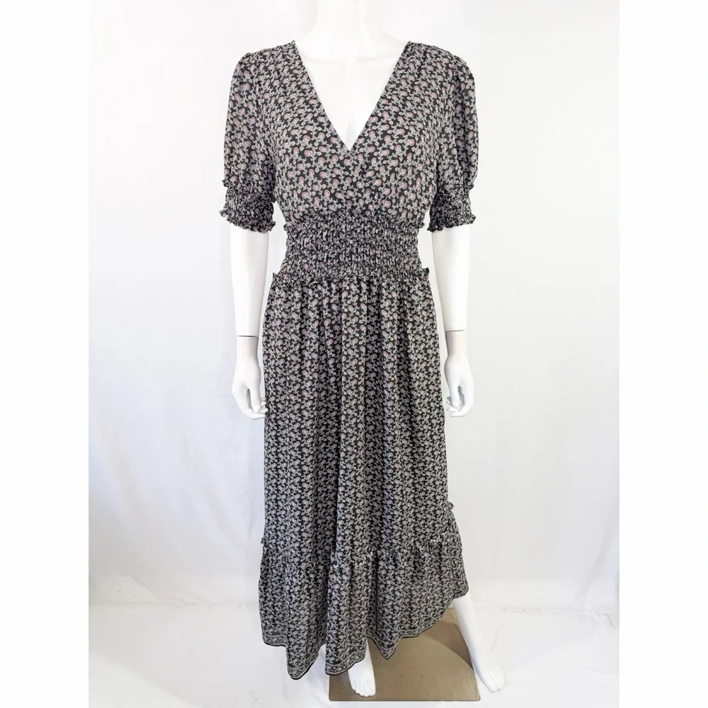 Max Studio Black Floral Maxi Dress Size L Casual Boho Short Sleeve V-Neck - Picture 1 of 11